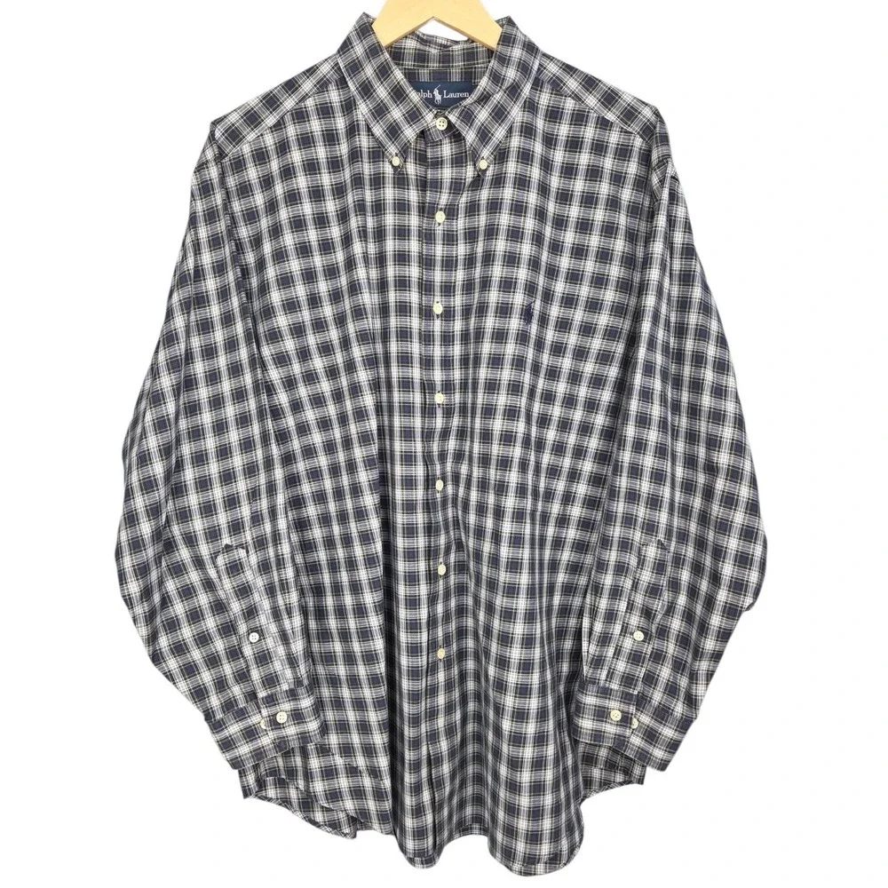 Ralph Lauren Button Down Shirt Mens 17.5 32/33 Blue Tartan Plaid Classic Fit